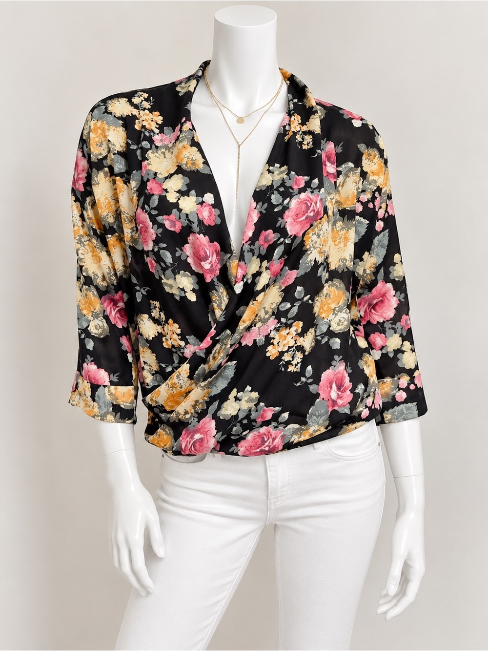 Free Press Black Floral Print 3/4 Sleeve Plunge Wrap Front Blouse Top  Size XS